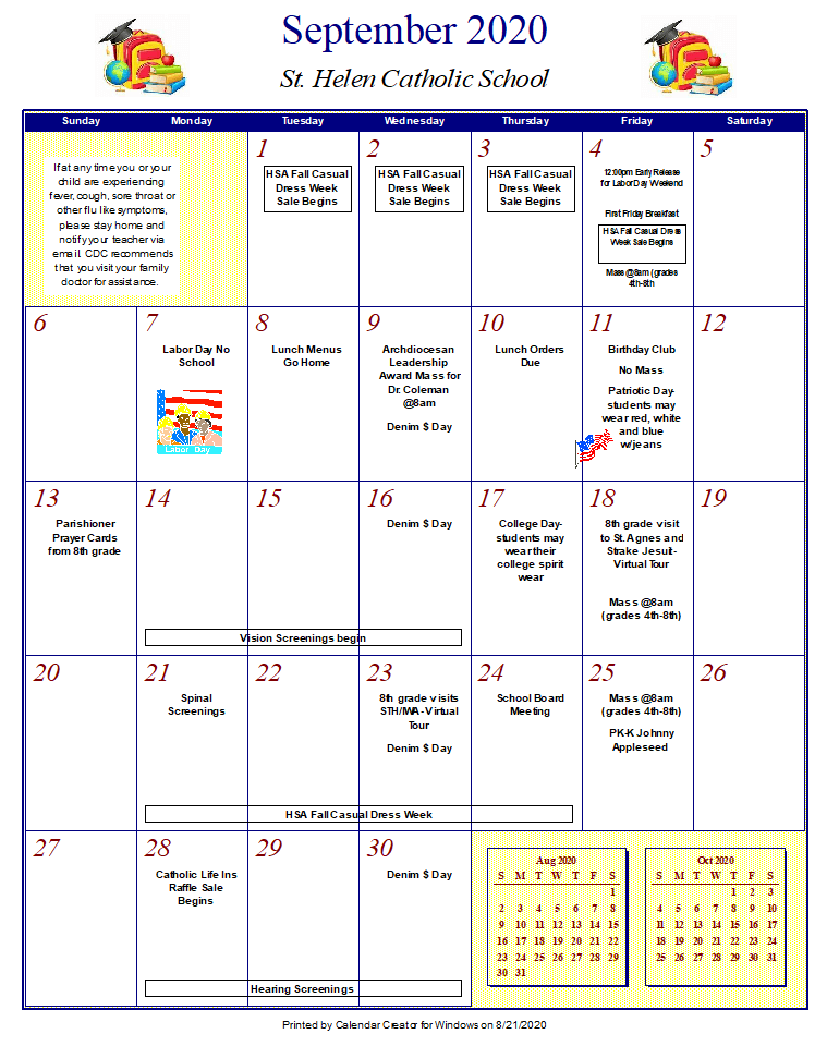 Calendar Saint Helen Catholic School